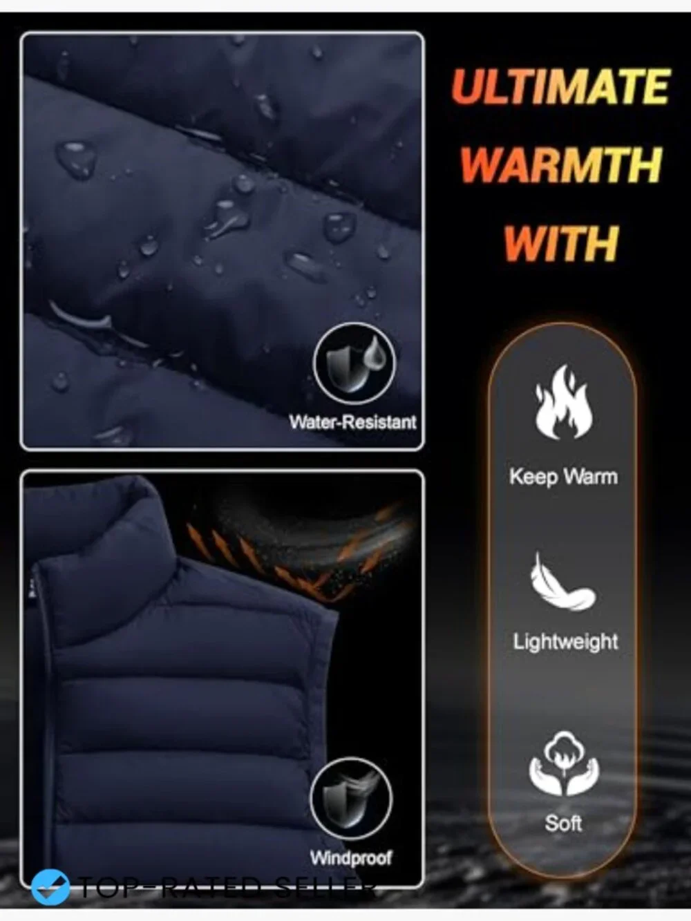 Men's Packable Insulated Vest Zip Pockets Water-Resistant Windproof Lightweight